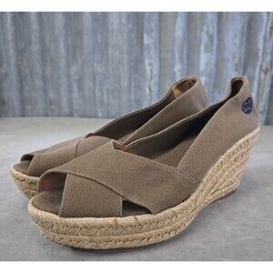 Tory Burch Filipa Wedge Espadrille Brown Canvas Peep Toe Womens Size 11B